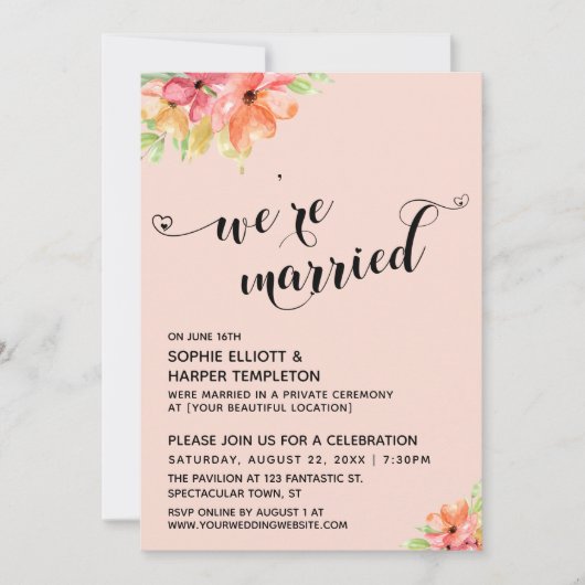 Wir sind Verheiratet Hearts Script Blush Boho Flor Einladung (Vorderseite)