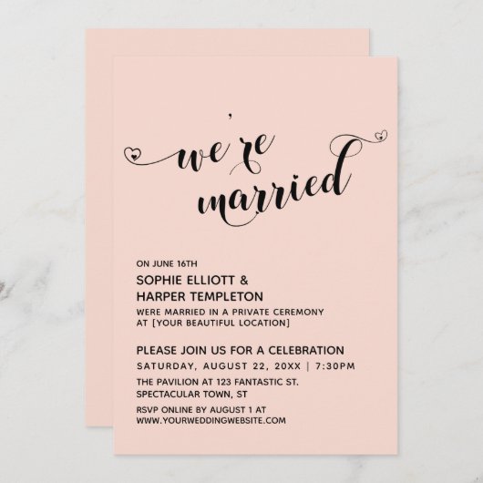 Wir sind Verheiratet Hearts Script Blush Pink Empf Einladung (Vorne/Hinten)