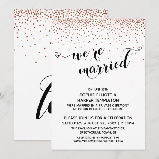 Wir sind Verheiratet Hearts Script Copper Confetti Einladung (Vorne/Hinten)