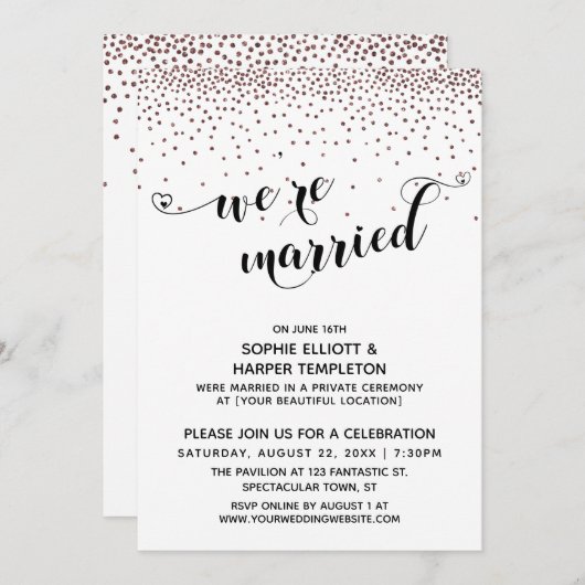 Wir sind Verheiratet Script Rose Gold Confetti Emp Einladung (Vorne/Hinten)