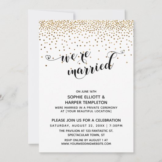 Wir sind Verheiratetes Script, Gold Confetti, Empf Einladung (Vorderseite)