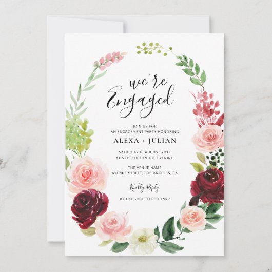 wir sind verlobt bordeauxfarbene Begegnungsfeier Einladung (Vorderseite)