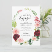 wir sind verlobt bordeauxfarbene Begegnungsfeier Einladung (Stehend Vorderseite)