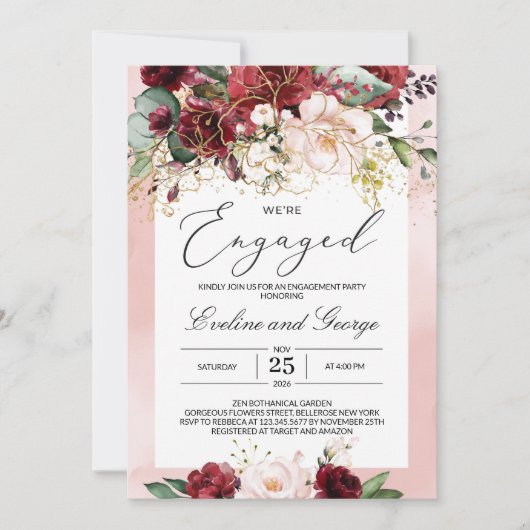 Wir sind Verlobt Burgund Floral Boho Einladung (Vorderseite)