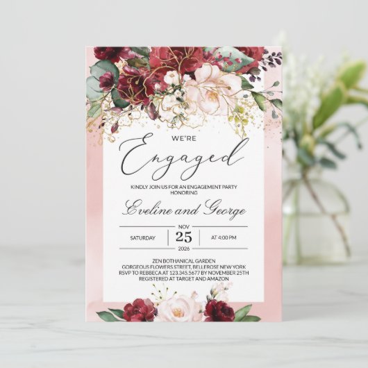 Wir sind Verlobt Burgund Floral Boho Einladung (Stehend Vorderseite)