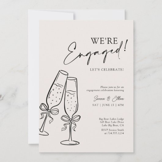 Wir sind Verlobt modernes Black Bow Champagne Part Einladung (Vorderseite)