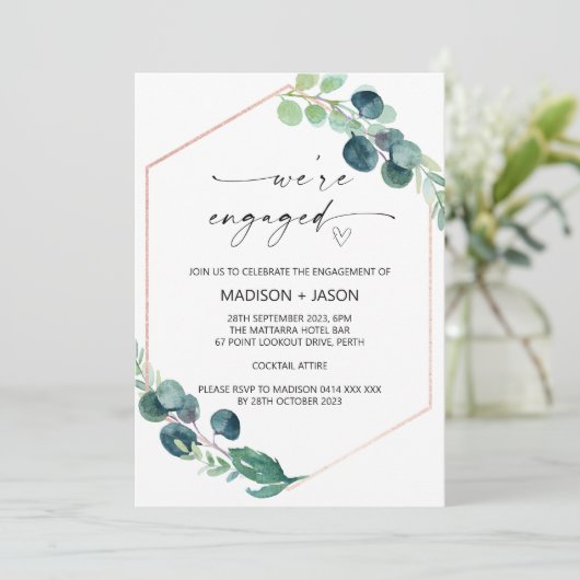 Wir sind Verlobte Engagement Partei Grünen Eukalyp Einladung (Stehend Vorderseite)