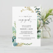 Wir sind Verlobte Engagement Party Green und Gold Einladung (Stehend Vorderseite)