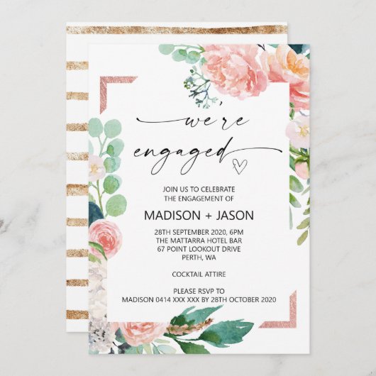 Wir sind Verlobte Engagement Party Pink Floral Einladung (Vorne/Hinten)