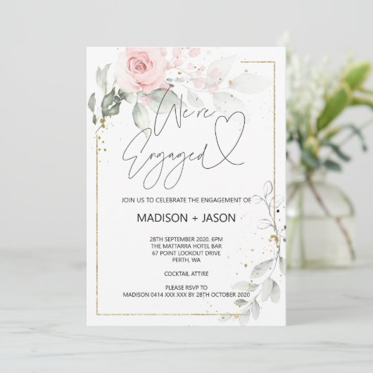 Wir sind Verlobte Engagement Party Pink Floral Gol Einladung (Stehend Vorderseite)