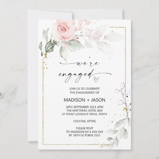 Wir sind Verlobte Engagement Party Pink Gold Flora Einladung (Vorderseite)