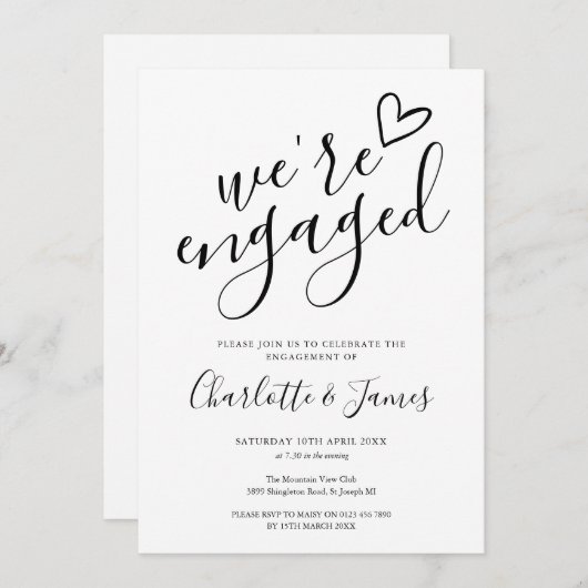 Wir sind Verlobte Engagement Party Schwarz und Wei Einladung (Vorne/Hinten)