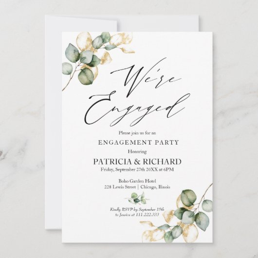Wir sind Verlobte Gold Greenery Engagement Party Einladung (Vorderseite)