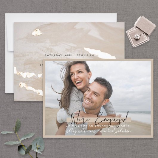 Wir sind Verlobte Kalligrafie Blush Gold Verlobung Einladung