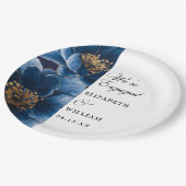 Wir sind Verlobte Navy Blue Floral Engagement Part Pappteller (Schrägansicht)