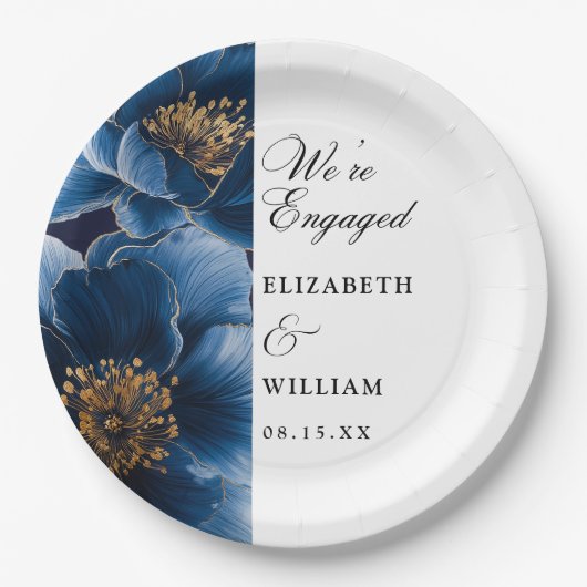 Wir sind Verlobte Navy Blue Floral Engagement Part Pappteller (Vorderseite)