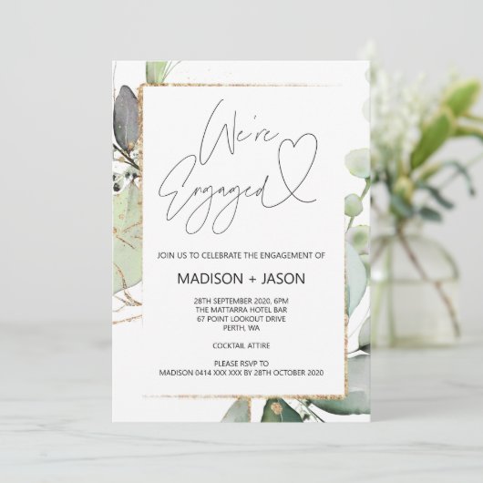 Wir sind Verlobte Partnerpartei Eukalyptus Gold Einladung (Stehend Vorderseite)