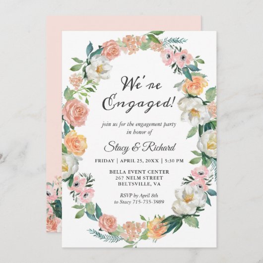 Wir sind Verlobte Rose Floral Wreath Engagement Pa Einladung (Vorne/Hinten)
