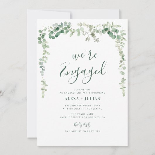 WIR SIND VERLOBTE Verlobung von Eukalyptusgrün Einladung (Vorderseite)