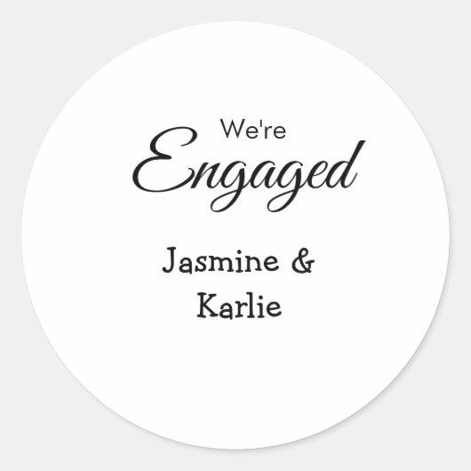 Wir sind verlobtes Paar Name romantisch stilvoll e Runder Aufkleber (Vorderseite)