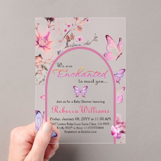 Wir sind verzaubert, die Pink Butterfly Babydusche Acryleinladungen (Insitu (Handheld))
