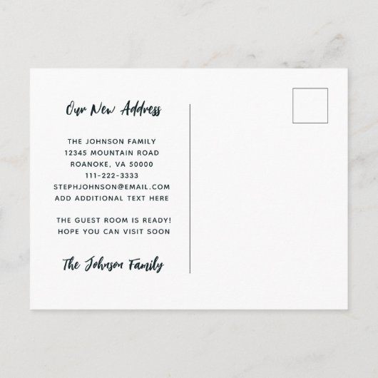 Wir sind zu unserer glücklichen Adresse übergegang Ankündigungspostkarte (Rückseite)