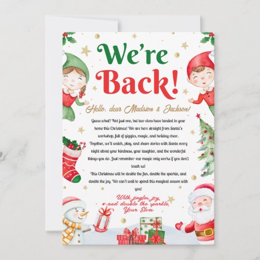 Wir sind zurück Elf Ankunftsbrief Elfen Weihnachte Einladung (Vorderseite)