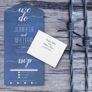 "Wir tun es" beschriftete blaue Kalligrafie-Hochze All In One Einladung