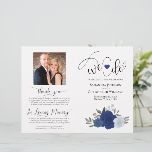 Wir tun es! Blue Boho Rose DIY Fold Wedding Progra (Stehend Vorderseite)