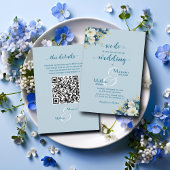 Wir tun es! Dusty Blue Gold Glitzer QR Code Weddin Einladung