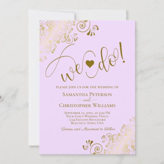 Wir tun es! Elegant Frilly Lilac Lila & Gold Weddi Einladung (Vorderseite)