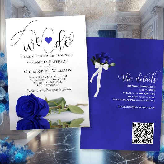Wir tun es! Elegant Royal Blue Rose QR Code Weddin Einladung