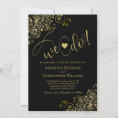 Wir tun es! Elegante Frilly Black & Gold Wedding Einladung (Vorderseite)