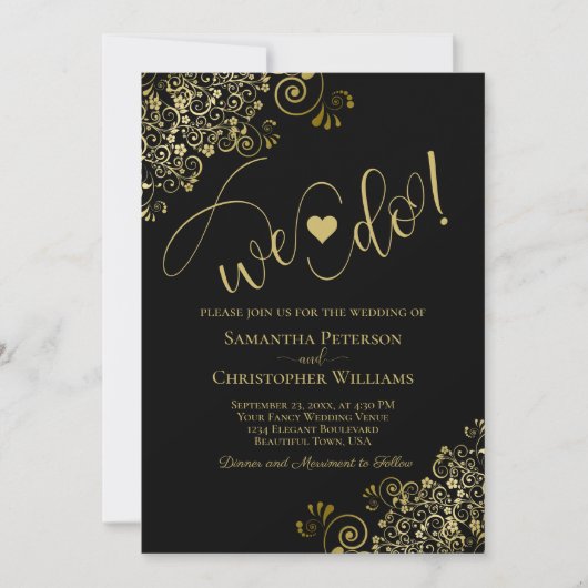 Wir tun es! Elegante Frilly Black & Gold Wedding Einladung (Vorderseite)