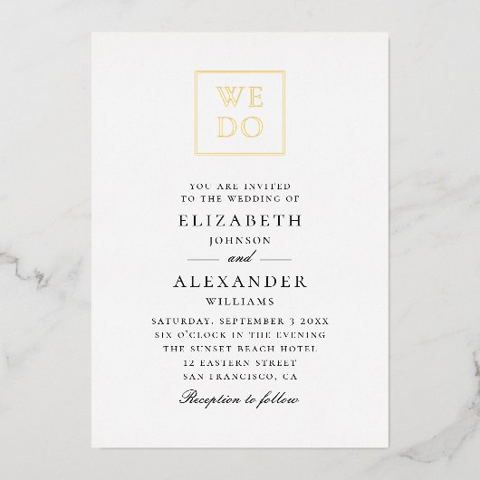 Wir tun es. Elegante Goldhochzeit Folieneinladung (Vorderseite)
