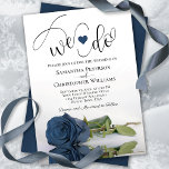 Wir tun es! Elegante Steel Blue Rose Romantische H Einladung<br><div class="desc">Diese schöne Hochzeitseinladung ist romantisch, spielerisch und stilvoll. Es enthält einen lustigen Titel mit einem niedlichen Herz und modernes Schriftzeichen, das oben "We do" liest, mit allen Details unten. Im unteren Teil befindet sich eine wunderschöne Single, lang gesteppt, blau oder blau-grau gefärbte Rose, die auf der Seite liegt und in...</div>