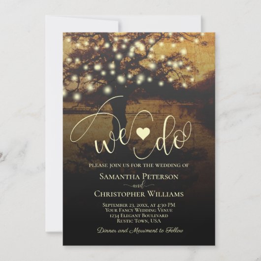 Wir tun es! Eleganter Rustikaler Baum mit Lichtere Einladung (Vorderseite)