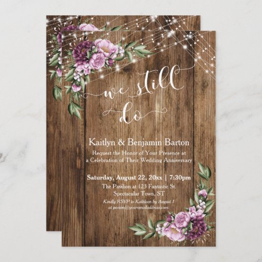 Wir tun es immer noch, rustikales Holz rosa Blüten Einladung (Vorne/Hinten)