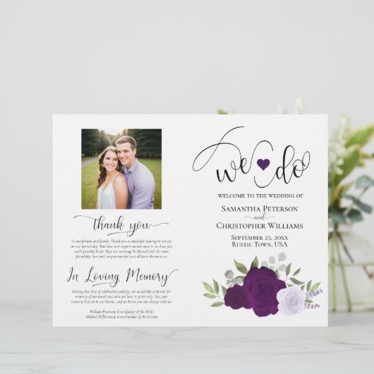 Wir tun es! Lila Boho Rose DIY Fold Wedding Progra (Stehend Vorderseite)