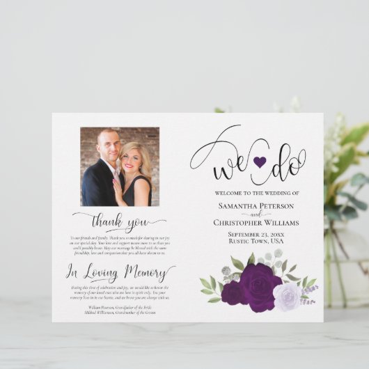 Wir tun es! Lila Boho Rose DIY Fold Wedding Progra (Stehend Vorderseite)