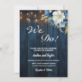 Wir tun es! Rustic Blue Wood White Blue Floral Wed Einladung (Vorderseite)