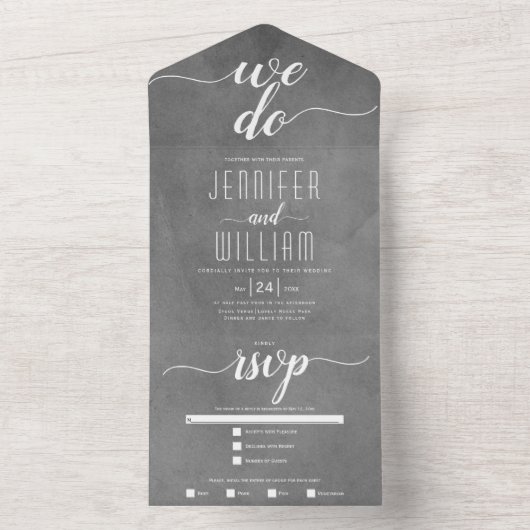 "Wir tun" farbige graue, Skriptkalligraphie Hochze All In One Einladung (Innen Boden)