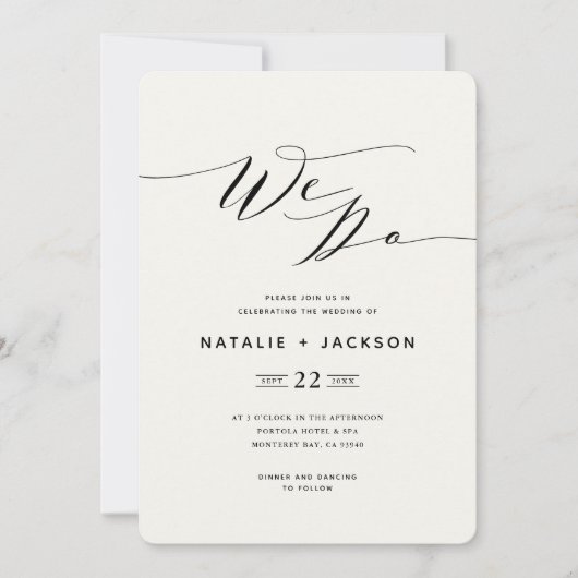 Wir tun marineblaue Skript Text elegante Hochzeit Ankündigung (Vorderseite)