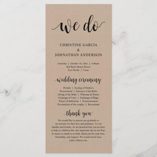 Wir tun, moderne Hochzeitsfeier, braune Kraft Programm (Vorderseite)