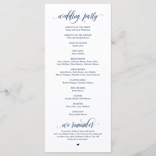 Wir tun, moderne Navy Blue Script, Hochzeitsfeier Programm (Rückseite)