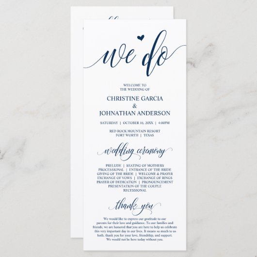 Wir tun, moderne Navy Blue Script, Hochzeitsfeier Programm (Vorne/Hinten)