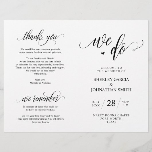 Wir tun, Schwarz, klappbares Hochzeitsprogramm (Vorderseite)