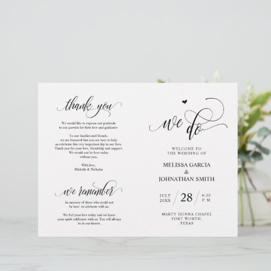 Wir tun, Schwarz, klappbares Hochzeitsprogramm (Stehend Vorderseite)