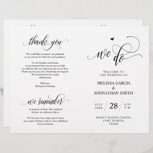 Wir tun, Schwarz, klappbares Hochzeitsprogramm (Vorne/Hinten)