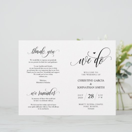 Wir tun, Schwarz, klappbares Hochzeitsprogramm (Stehend Vorderseite)